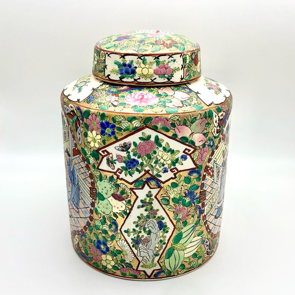 Huge Porcelain Canister Famille Rose Asian Figural Gold Gilt Floral Tea Caddy - Picture 4 of 15